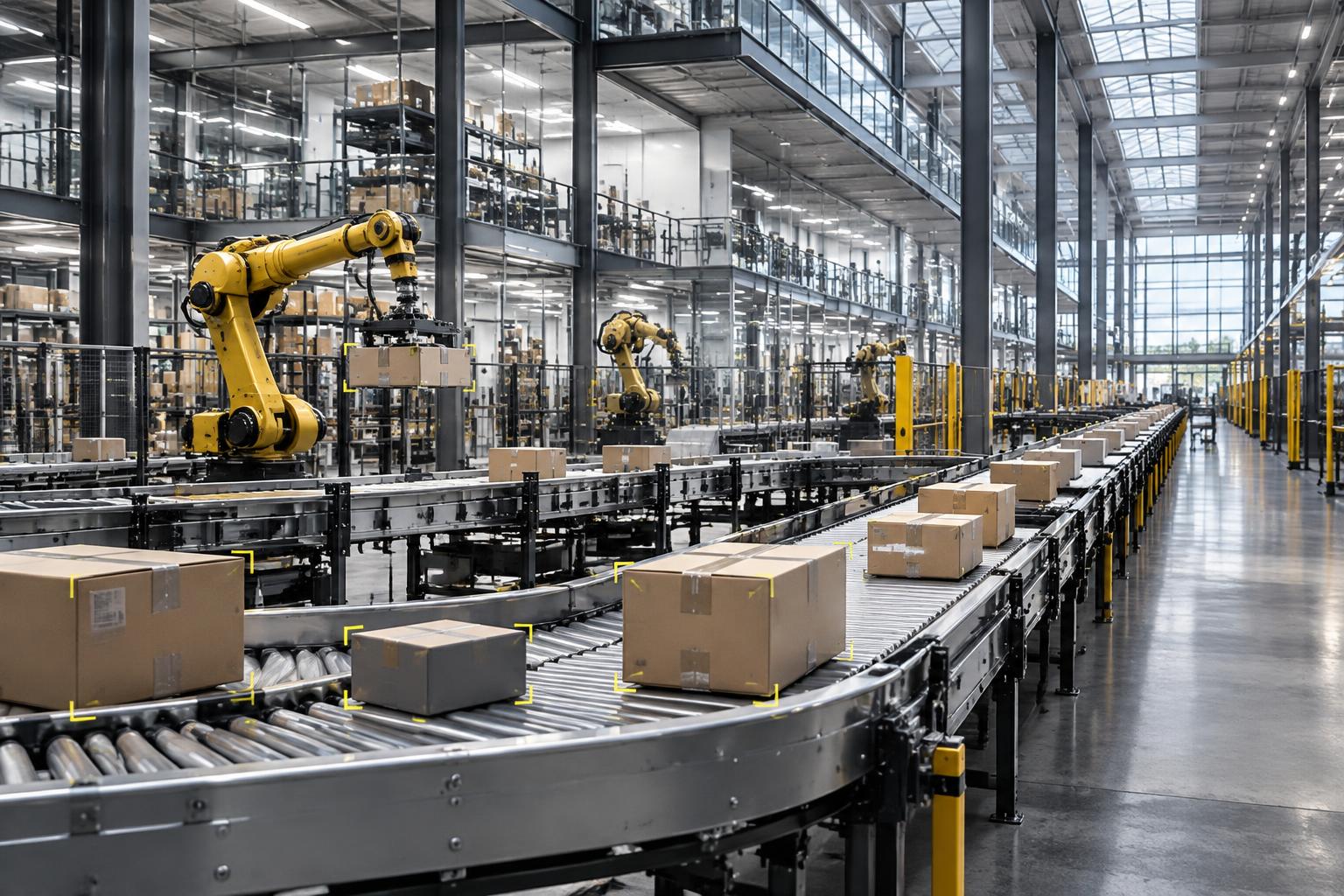 Automated warehouse with packages moving along a conveyor, highlighted by visual tracking markers